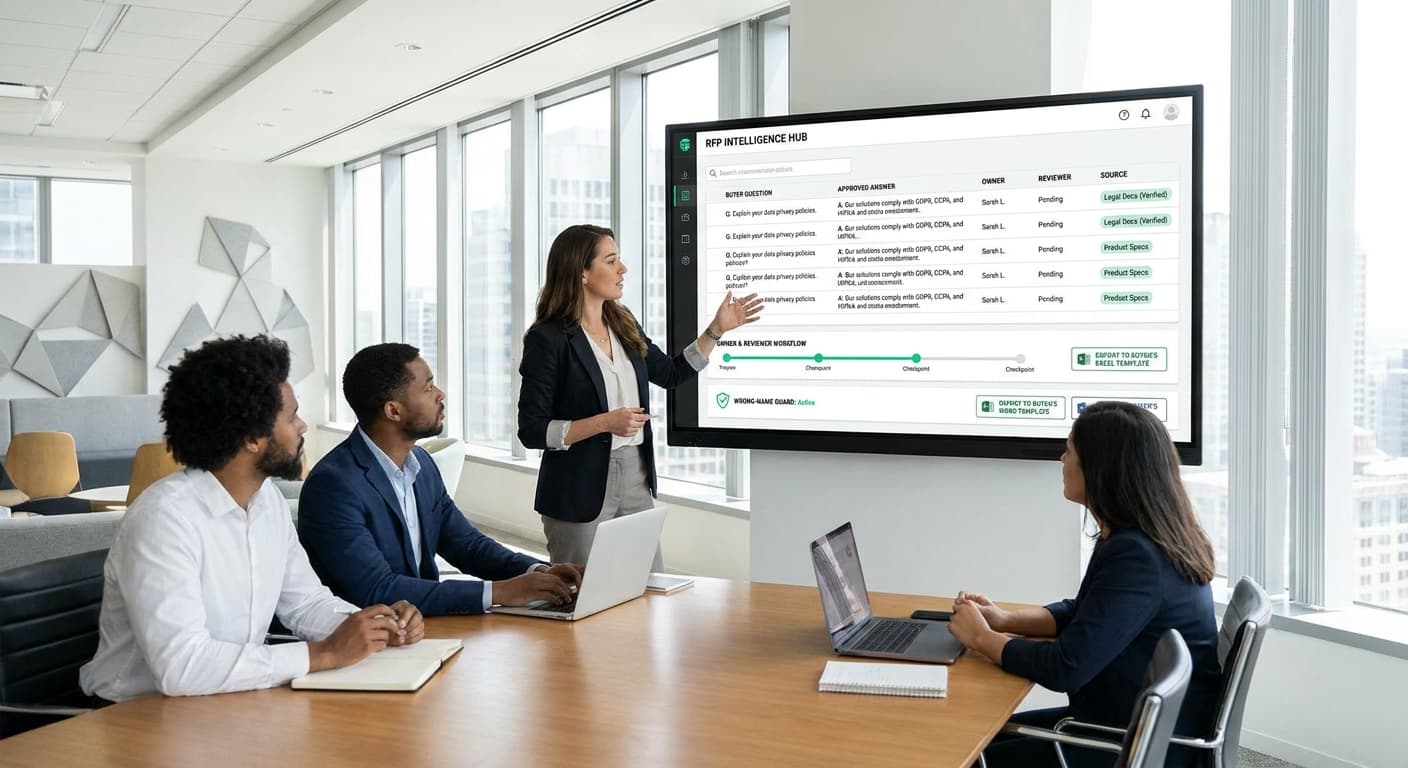 RFP response process illustration: an RFP spreadsheet with most answers filled from an approved library and a few left open for review